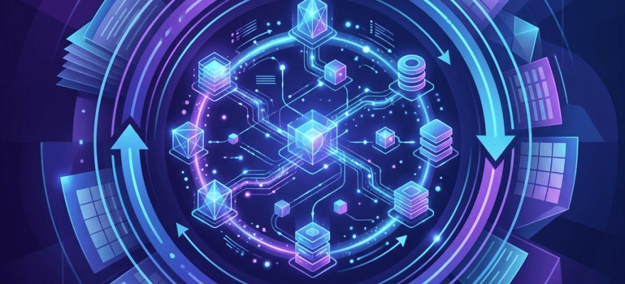 Glowing circular digital network with connected data and blockchain symbols